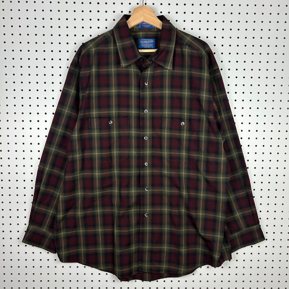 Pendleton Sir Wool Board‎ Shirt Size XL Long Sleeve Plaid Maroon Green Button